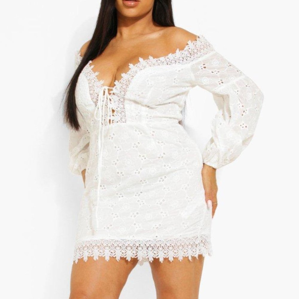 BooHoo White lace off the shoulder, lace up quarter sleeve mini dress